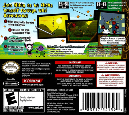 WireWay for Nintendo DS, back of case for a puzzle platformer video game with stylus-based controls, physics gameplay, obstacle navigation, and creative level challenges