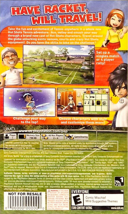 Hot Shots Tennis Get a Grip PlayStation Portable game featuring arcade-style tennis gameplay and colorful character action back cover