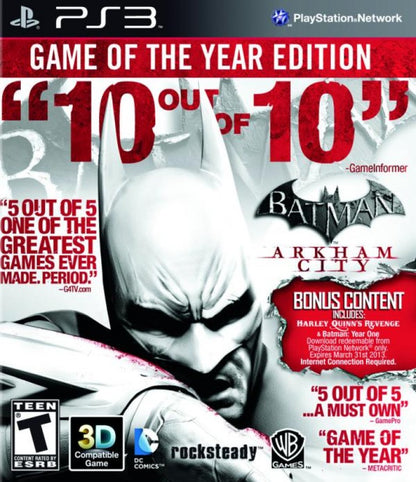 Batman Arkham City Game of the Year Edition video game featuring Batman action adventure gameplay open world Gotham City exploration stealth combat detective investigations iconic DC villains Catwoman playable missions gadgets combat combos and bonus downloadable content superhero gaming experience retro video game collection collectible gaming appeal cover art