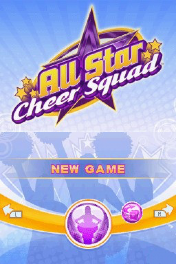 All-Star Cheer Squad Nintendo DS title screen for retro video game featuring competitive cheerleading gameplay, rhythm based routines, customizable squads, dance challenges, and portable sports simulation action on the Nintendo DS handheld system