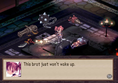 Disgaea Hour of Darkness game for the PlayStation 2 featuring tactical RPG gameplay with grid based battles deep character leveling humorous storylines and over the top mechanics set in the Netherworld starring Laharl and companions gameplay
