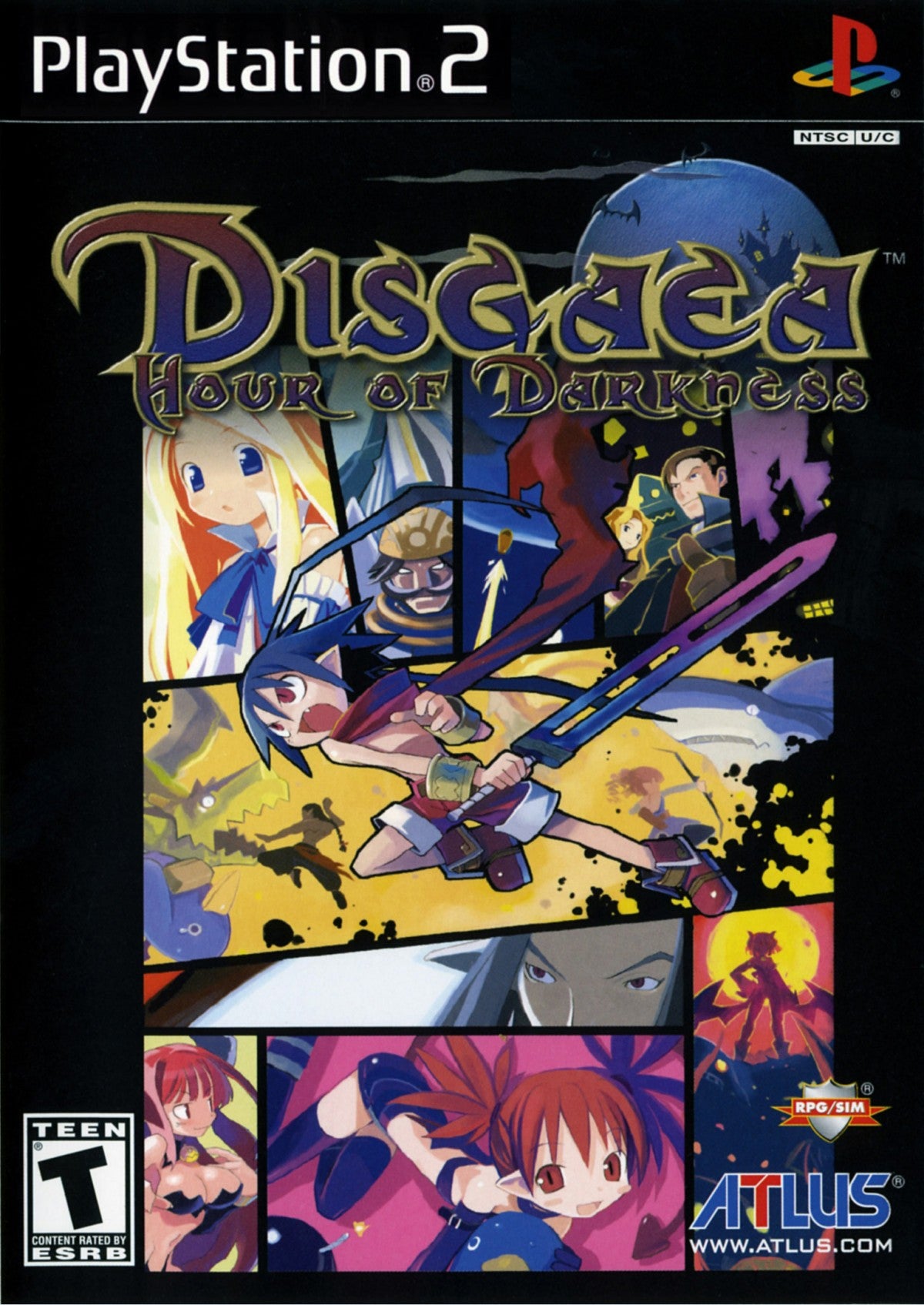 Disgaea Hour of Darkness game for the PlayStation 2 featuring tactical RPG gameplay with grid based battles deep character leveling humorous storylines and over the top mechanics set in the Netherworld starring Laharl and companions cover