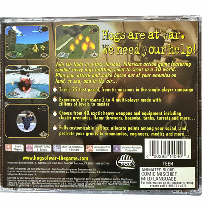 Hogs of War PlayStation 1 PS1 for retro video game enthusiasts featuring turn based strategy gameplay tactical pig warfare destructible environments humorous characters artillery combat single player and multiplayer action and collectible gaming appeal back cover art