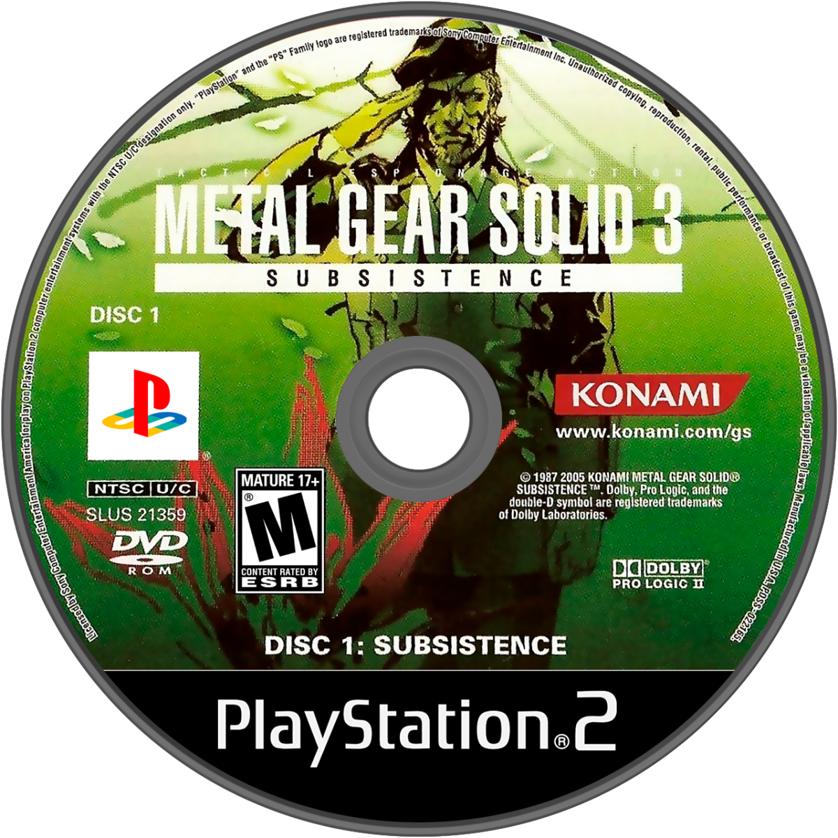 Metal Gear Solid 3 Subsistence PS2 Sony PlayStation 2 stealth action game tactical espionage gameplay Hideo Kojima Snake Eater enhanced edition online multiplayer bonus content improved camera jungle survival stealth missions cinematic story retro gaming PlayStation 2 software video game title disc 1