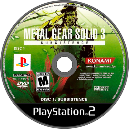 Metal Gear Solid 3 Subsistence PS2 Sony PlayStation 2 stealth action game tactical espionage gameplay Hideo Kojima Snake Eater enhanced edition online multiplayer bonus content improved camera jungle survival stealth missions cinematic story retro gaming PlayStation 2 software video game title disc 1
