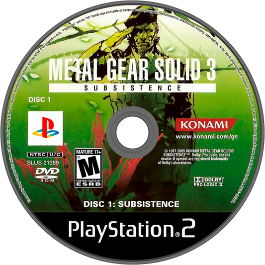 Metal Gear Solid 3 Subsistence PS2 Sony PlayStation 2 stealth action game tactical espionage gameplay Hideo Kojima Snake Eater enhanced edition online multiplayer bonus content improved camera jungle survival stealth missions cinematic story retro gaming PlayStation 2 software video game title disc 1