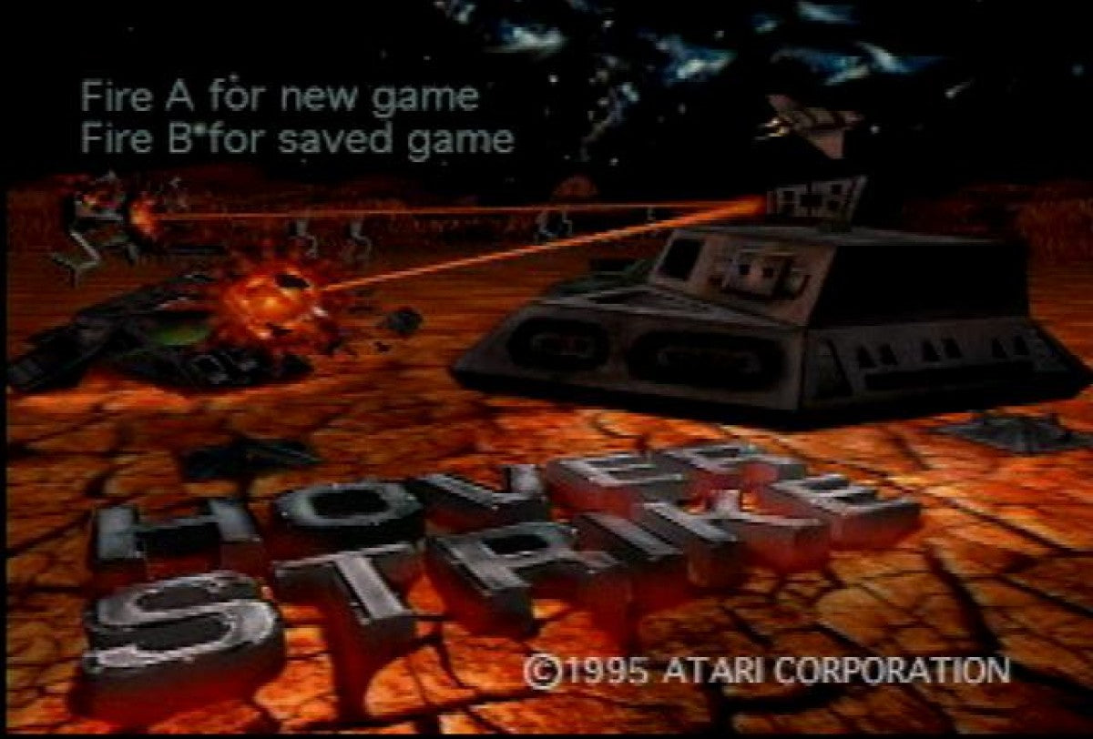 Hover Strike Atari Jaguar CD Hover Strike sci fi hovercraft combat shooter 3D vehicle combat missions futuristic battlefield action retro Jaguar CD game start screen