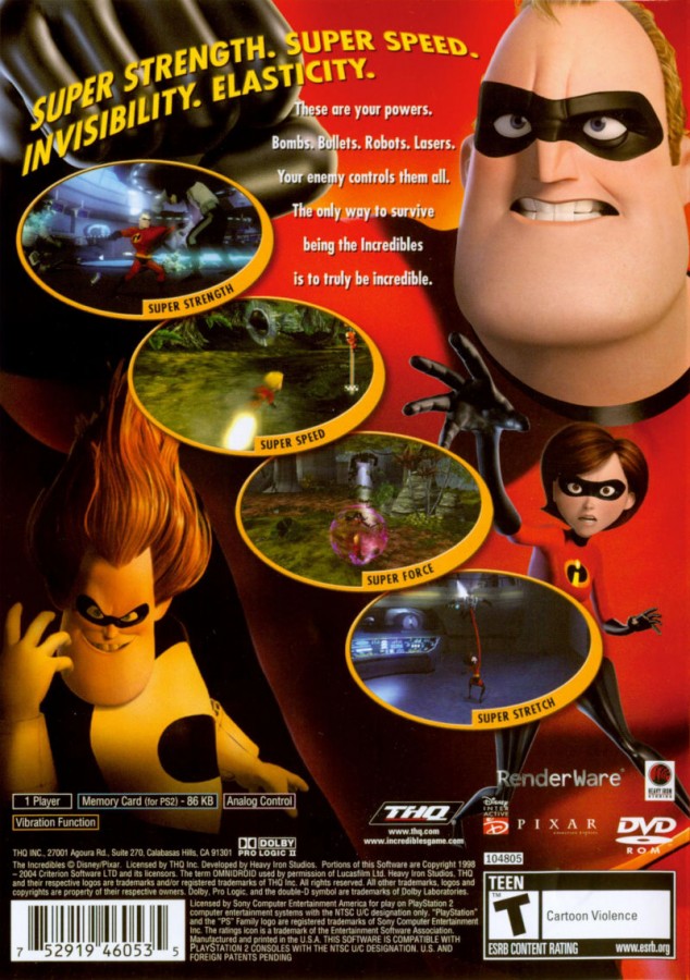 Disney Pixar The Incredibles back of case for PlayStation 2 (PS2) action-adventure video game based on the animated film