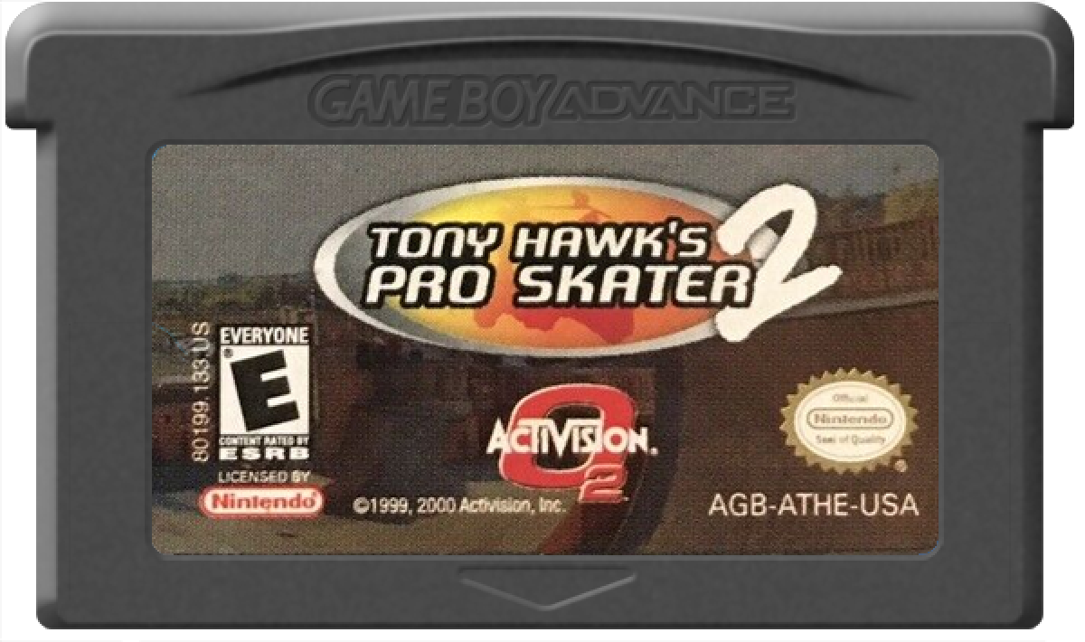 Tony Hawk's Pro Skater 2 game for the Game Boy Advance featuring skateboarding gameplay with isometric perspective trick combos career mode objectives and multiple skaters across condensed versions of classic levels adapted from the console release cartridge
