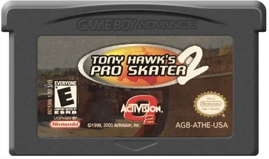 Tony Hawk's Pro Skater 2 game for the Game Boy Advance featuring skateboarding gameplay with isometric perspective trick combos career mode objectives and multiple skaters across condensed versions of classic levels adapted from the console release cartridge