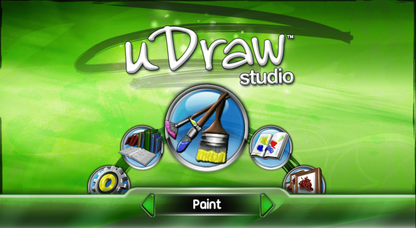 uDraw Studio game menu for Nintendo Wii (Wii) featuring creative drawing and painting with the uDraw GameTablet, offering tools and artistic effects