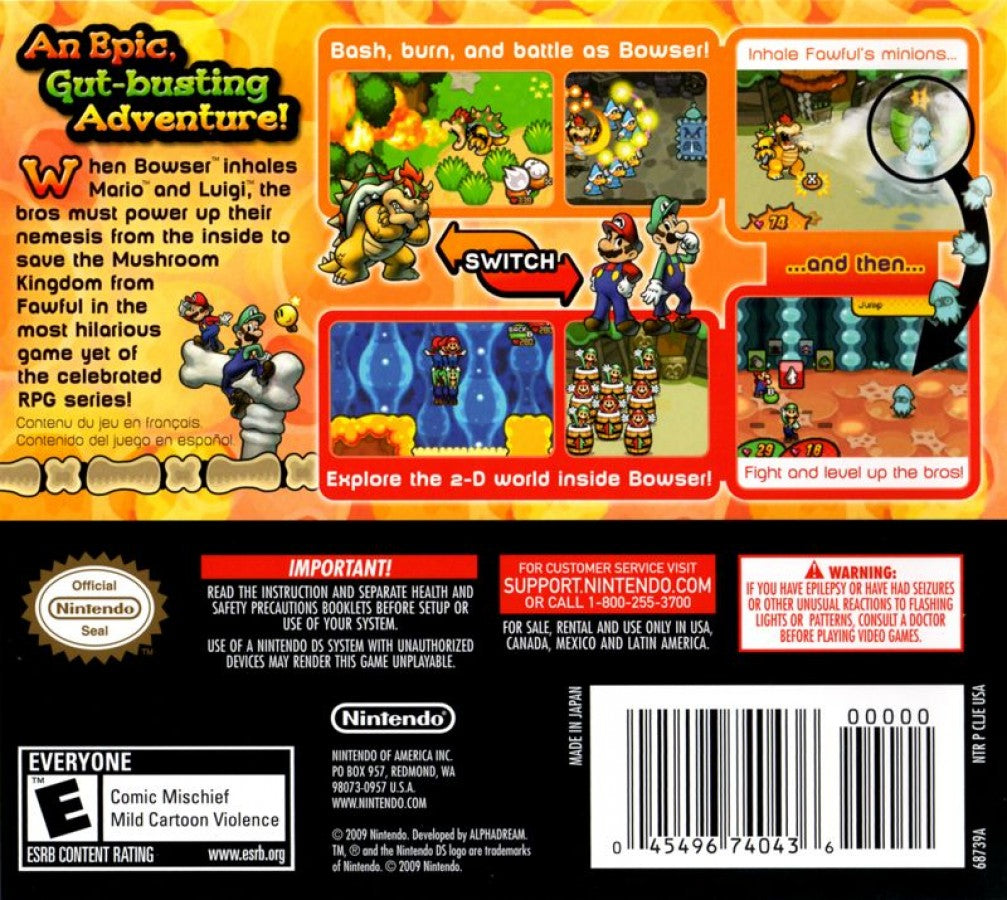 Mario & Luigi: Bowser's Inside Story back of case for Nintendo DS (DS) RPG adventure video game