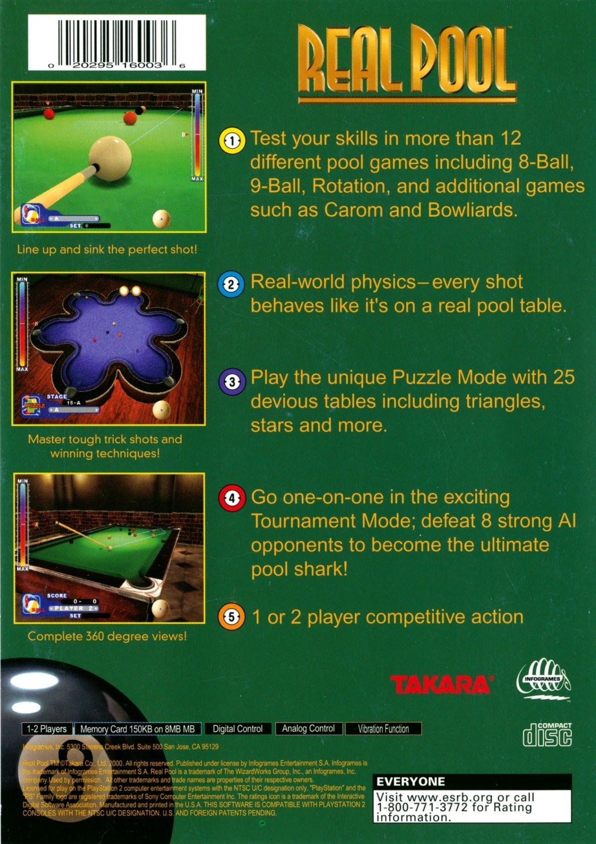 Real Pool – PlayStation 2 (PS2) video game back of case, cue sports simulation game.