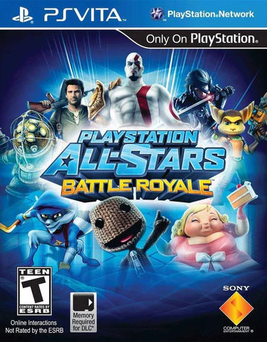 PlayStation All-Stars Battle Royale for PlayStation Vita (PSV) at Gamers INC, featuring the ultimate cross-over fighter where you battle as iconic characters like Kratos, Nathan Drake, and Sly Cooper through dynamic arenas that mash up Sony’s most famous franchises, with unique Super Attacks and cross-play compatibility for handheld brawling on the go front cover 