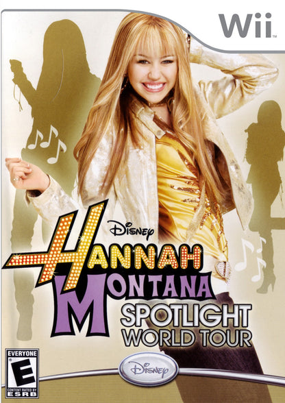 Hannah Montana Spotlight World Tour Wii inspired design featuring pop music performance adventure aesthetic concert stage excitement motion controlled gameplay singing and dancing routines colorful celebrity lifestyle family friendly entertainment nostalgic Nintendo Wii presentation cover art