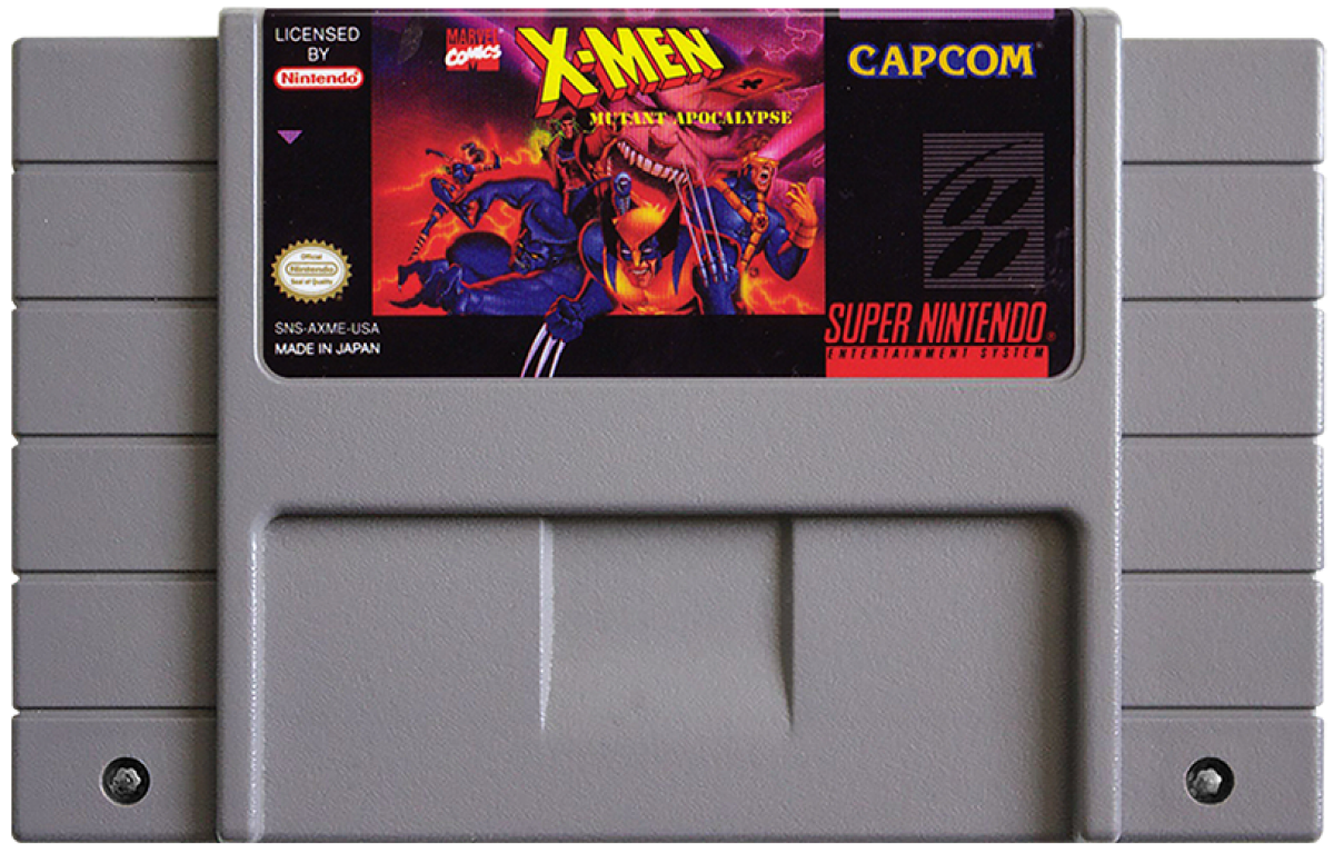 X-Men Mutant Apocalypse for Super Nintendo action platformer featuring Wolverine Cyclops Gambit Psylocke and Beast battling Apocalypse with comic inspired combat and side scrolling gameplay cartridge