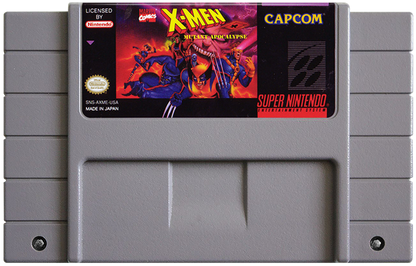 X-Men Mutant Apocalypse for Super Nintendo action platformer featuring Wolverine Cyclops Gambit Psylocke and Beast battling Apocalypse with comic inspired combat and side scrolling gameplay cartridge