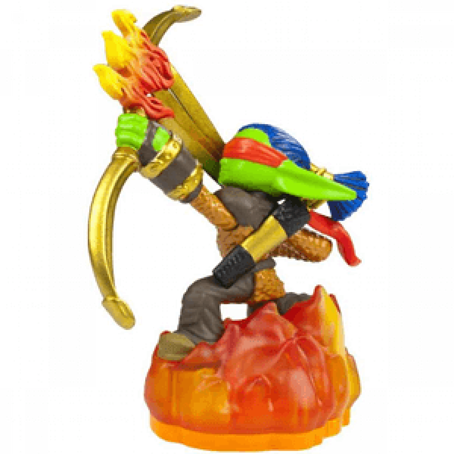 Flameslinger Series 2 Skylanders Giants figure, fire element elf archer with flaming bow and blazing arrows, posed in fast attack stance, detailed collectible toy on portal base from Skylanders Giants series