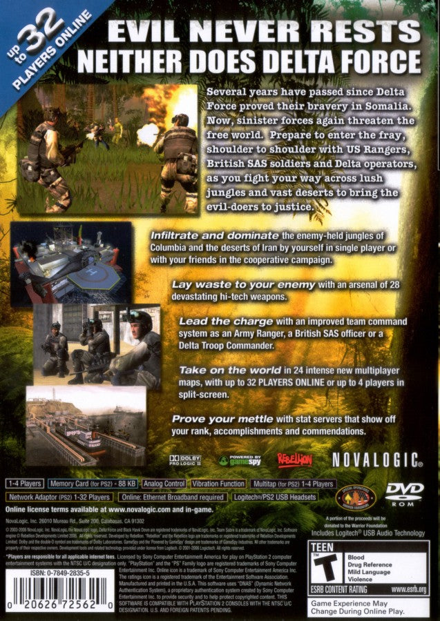 Delta Force Black Hawk Down Team Sabre PlayStation 2 PS2 for tactical military shooter video game fans featuring special forces combat missions realistic weapons squad based strategy desert warfare environments stealth operations multiplayer battles intense modern military action collectible gaming appeal back cover art