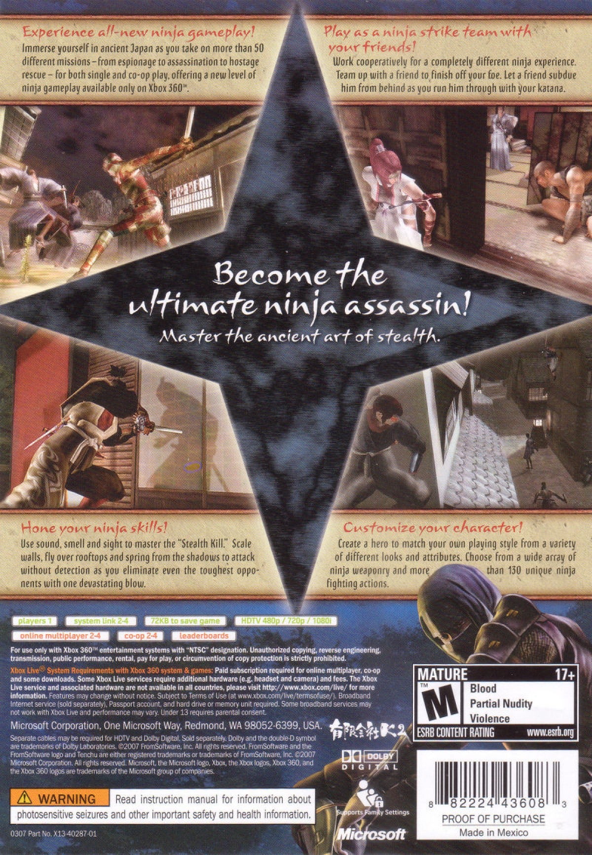 Tenchu Z Xbox 360 X360 for stealth action video game fans featuring ninja gameplay sword combat stealth missions silent takedowns customizable ninja characters Japanese environments enemy guards challenging objectives and classic Xbox 360 gameplay collectible gaming appeal back cover art