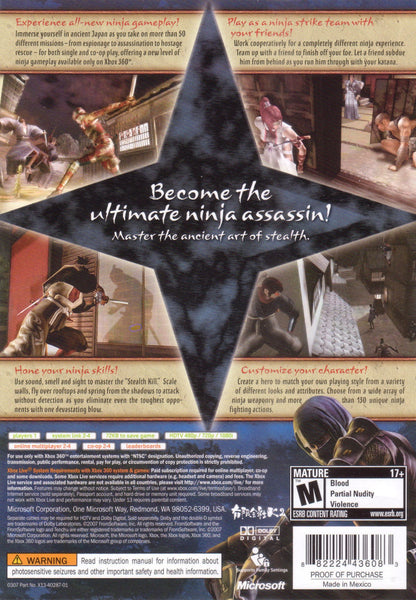 Tenchu Z Xbox 360 X360 for stealth action video game fans featuring ninja gameplay sword combat stealth missions silent takedowns customizable ninja characters Japanese environments enemy guards challenging objectives and classic Xbox 360 gameplay collectible gaming appeal back cover art