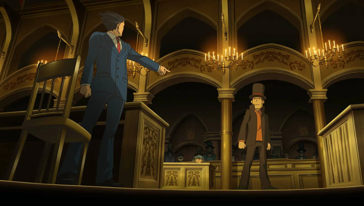 Professor Layton vs Phoenix Wright Ace Attorney Nintendo 3DS video game, puzzle adventure meets courtroom drama, crossover title, handheld console release gameplay