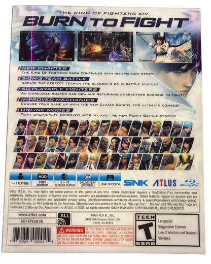 The King of Fighters XIV Steelbook Edition PS4 fighting game featuring team based combat robust roster of classic SNK characters dynamic 3D arenas online multiplayer modes and premium steelbook collectible packaging for Sony PlayStation 4 fans back cover