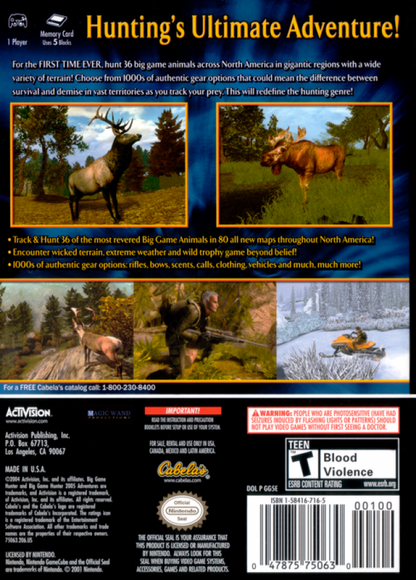 Cabela’s Big Game Hunter 2005 Adventures GameCube game featuring realistic hunting simulation gameplay and outdoor adventure action back cover