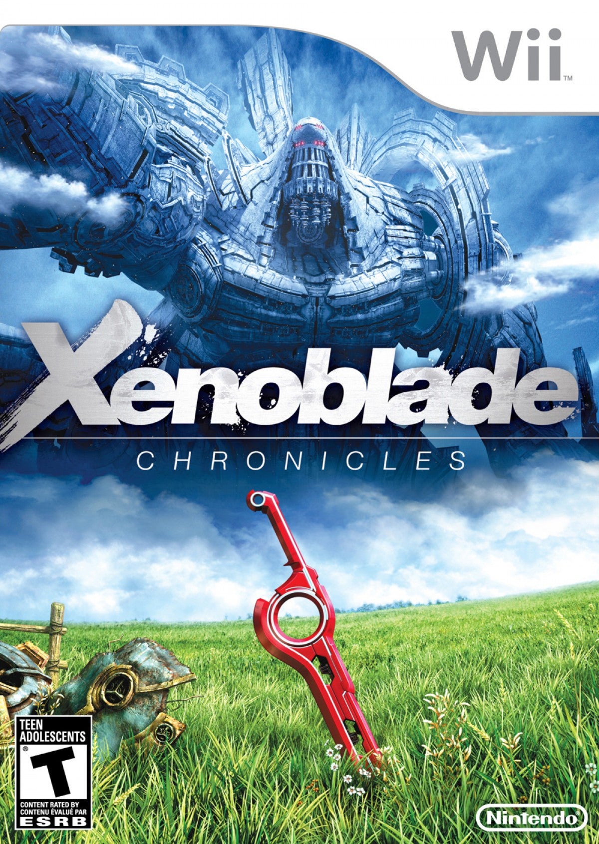 Xenoblade Chronicles Nintendo Wii cover art for retro video game enthusiasts featuring epic role playing gameplay expansive open world exploration real time combat mechanics story driven adventure memorable characters vast fantasy landscapes and immersive JRPG gaming experience and collectible gaming appeal cover art 