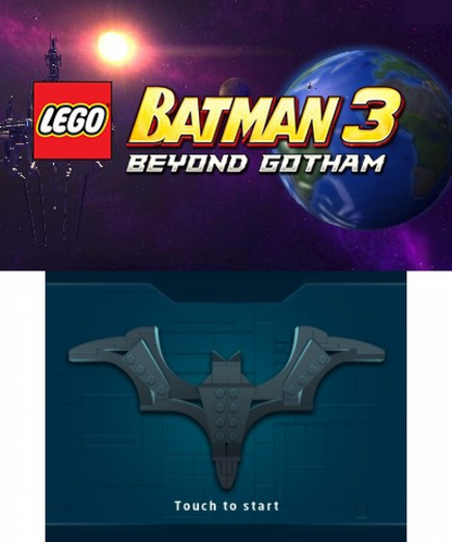 LEGO Batman 3 Beyond Gotham Nintendo 3DS handheld action-adventure game DC superheroes Lantern worlds Brainiac villain character swapping puzzle solving co-op gameplay main menu title screen