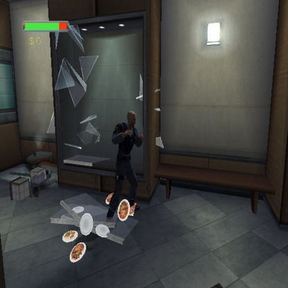 Minority Report gameplay for PlayStation 2 (PS2) featuring futuristic third‑person action gameplay with explosive combat, jetpack sequences, and destructible environments.