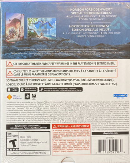 Horizon Forbidden West Special Edition PlayStation 5 PS5 for action role playing video game fans featuring expansive open world exploration cinematic storytelling dynamic combat mechanical creature battles stunning post apocalyptic environments Aloy adventure exclusive special edition content collectible gaming appeal back cover art