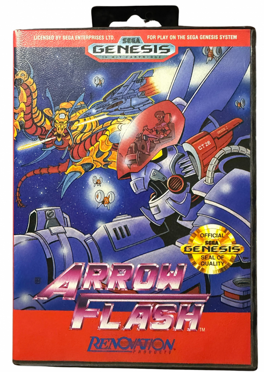 Arrow Flash Sega Genesis video game cartridge classic 16 bit shoot em up action game for retro gaming collectors Sega fans vintage video game enthusiasts Genesis game collection classic video games and retro gaming fans cover art