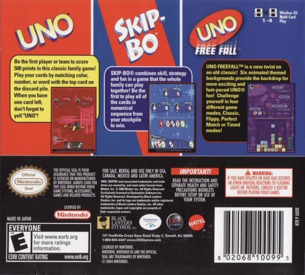 UNO Skip-Bo Nintendo DS video game, classic card games collection, family-friendly gameplay, handheld console title back cover