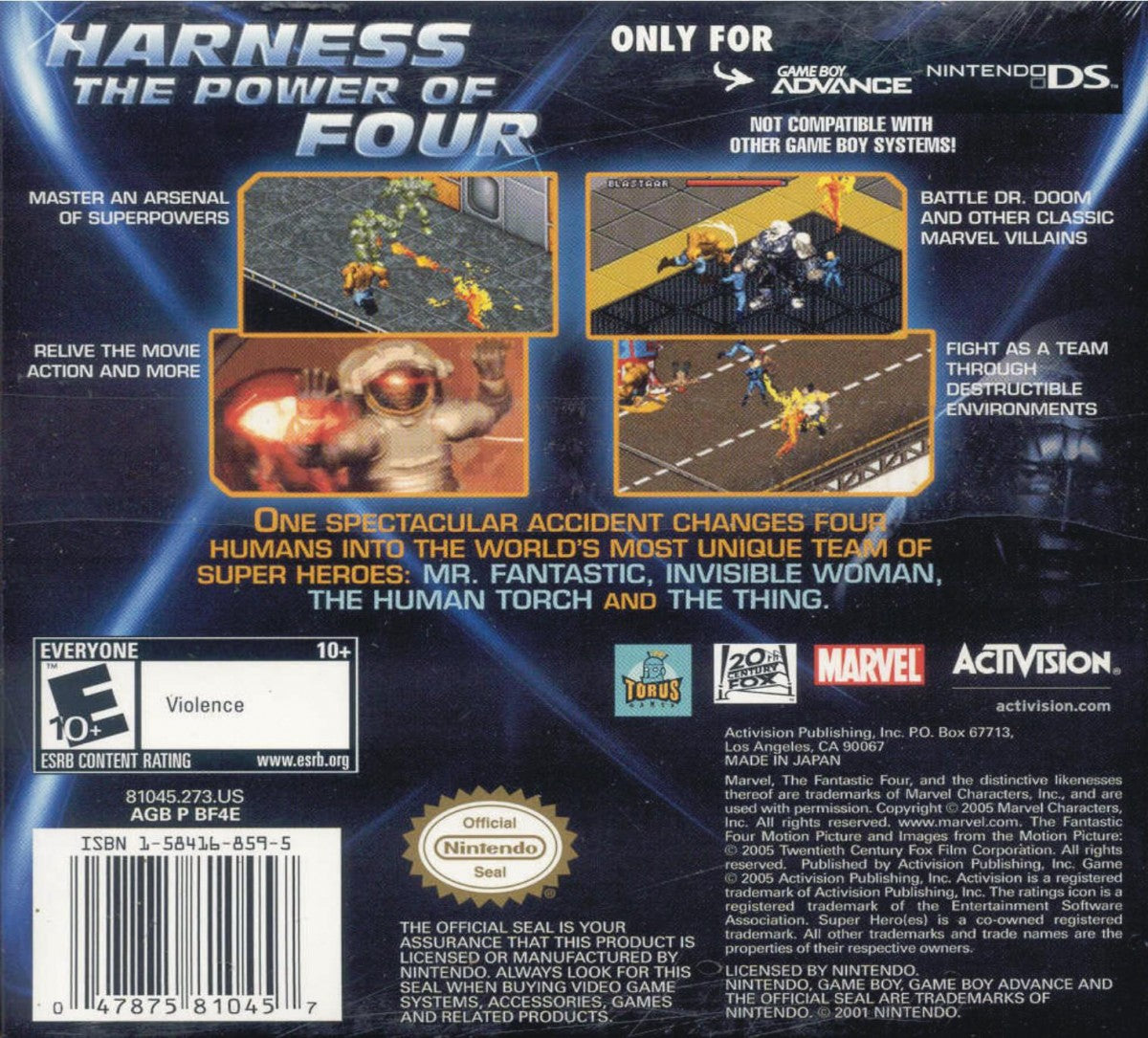 Fantastic 4 for Game Boy Advance (GBA), back of case for a retro video game featuring action beat-em-up gameplay, superhero combat, character-based abilities, side-scrolling missions, and comic-inspired adventure