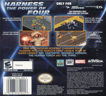 Fantastic 4 for Game Boy Advance (GBA), back of case for a retro video game featuring action beat-em-up gameplay, superhero combat, character-based abilities, side-scrolling missions, and comic-inspired adventure