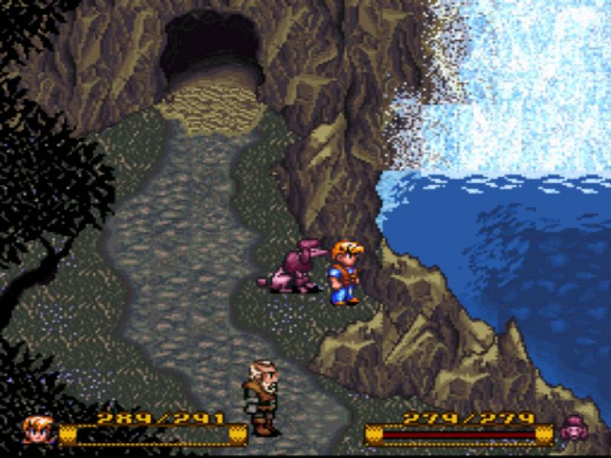 Secret of Evermore Super Nintendo SNES action RPG real time combat fantasy adventure alchemy system puzzle solving exploration Square Soft single player story driven retro 16 bit gaming Super Nintendo Entertainment System software video game title gameplay 