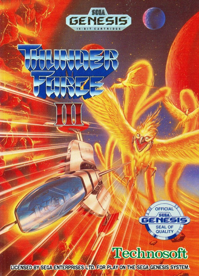 Thunder Force III Sega Genesis GEN for retro video game enthusiasts featuring classic shoot em up gameplay fast paced horizontal scrolling action futuristic spacecraft intense enemy battles powerful weapon upgrades vibrant 16 bit graphics and collectible gaming appeal cover art 