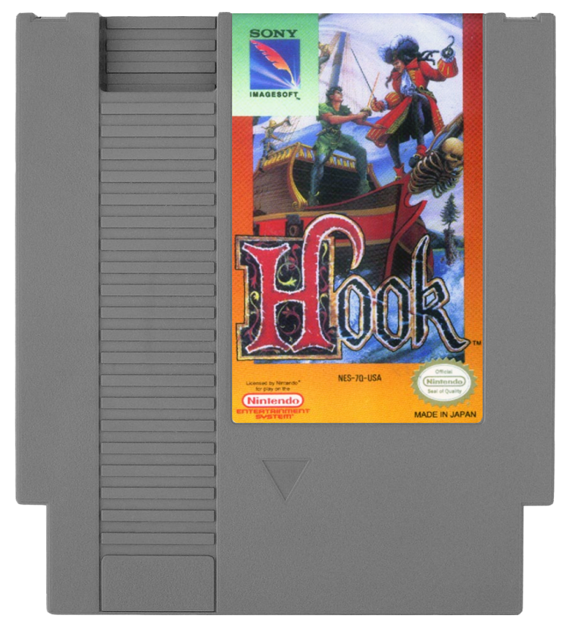 Hook NES Nintendo Entertainment System action platformer movie tie in Peter Pan Captain Hook side scrolling gameplay sword combat platforming adventure Sony Imagesoft retro 8 bit gaming cartridge video game title cartridge