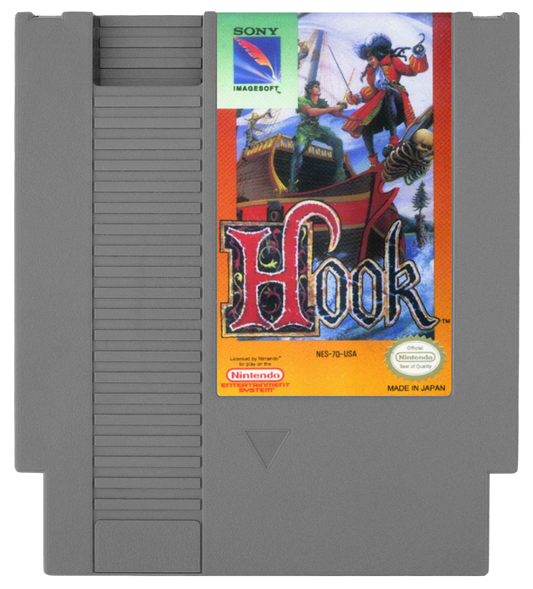 Hook NES Nintendo Entertainment System action platformer movie tie in Peter Pan Captain Hook side scrolling gameplay sword combat platforming adventure Sony Imagesoft retro 8 bit gaming cartridge video game title cartridge