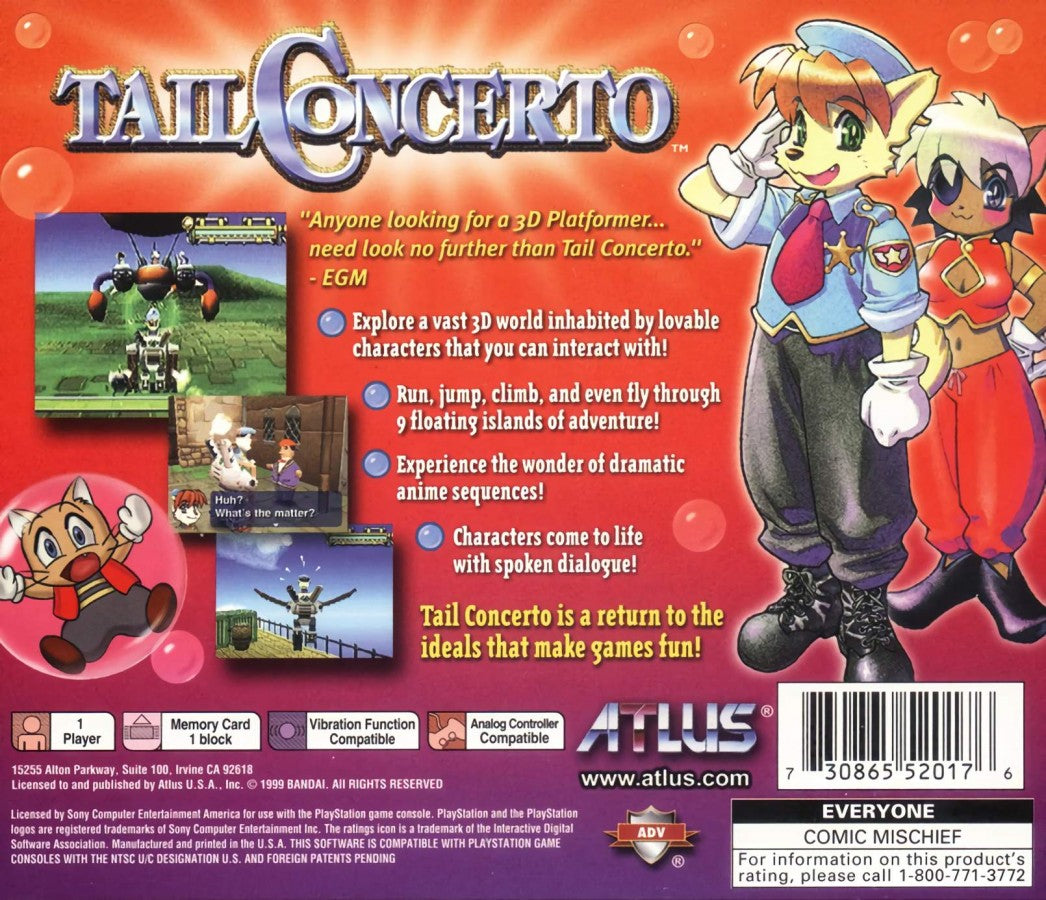 Tail Concerto PlayStation 1 PS1 for retro video game enthusiasts featuring action adventure platforming gameplay charming anthropomorphic characters colorful fantasy world exploration puzzle solving lighthearted storytelling mech based combat and collectible gaming appeal back cover art