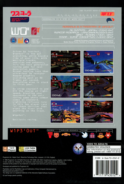 Wipeout PS1 PlayStation 1 futuristic racing game anti gravity racing sci fi high speed arcade gameplay retro video game back of case
