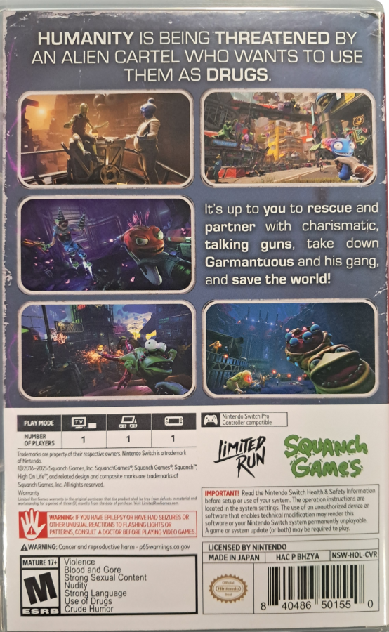 High on Life Game of the Year Edition Nintendo Switch inspired design featuring comedic first person shooter aesthetic talking alien weapons absurd sci fi humor fast paced combat colorful alien worlds satirical storytelling and chaotic adventure gameplay presentation back cover
