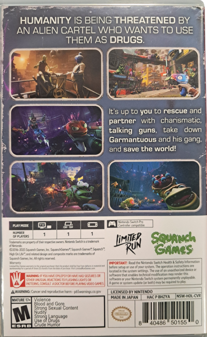 High on Life Game of the Year Edition Nintendo Switch inspired design featuring comedic first person shooter aesthetic talking alien weapons absurd sci fi humor fast paced combat colorful alien worlds satirical storytelling and chaotic adventure gameplay presentation back cover