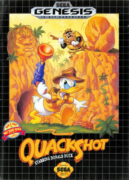 QuackShot Starring Donald Duck Sega Genesis GEN video game featuring action platforming gameplay Donald Duck treasure hunting adventure globe trotting exploration exotic locations puzzle solving plungers as weapons hidden treasures enemy encounters colorful Disney characters and classic 16 bit Sega gameplay retro video game collection collectible gaming appeal front cover art