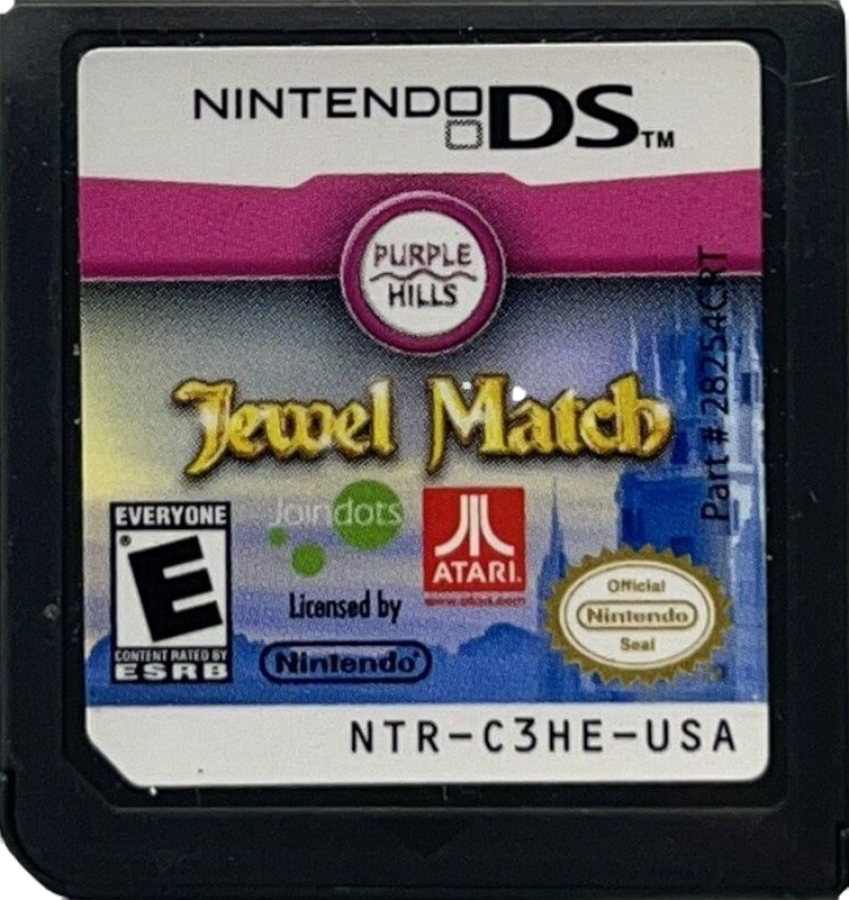 Jewel Match for Nintendo DS, cartridge for a match-three puzzle video game with gem matching gameplay, timed challenges, power-ups, and casual brain-teasing fun