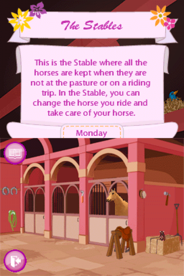Barbie Horse Adventures Riding Camp for Nintendo DS (DS), gameplay for a retro video game featuring horse riding simulation gameplay, stable management, training challenges, exploration, and family-friendly equestrian adventures