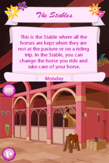 Barbie Horse Adventures Riding Camp for Nintendo DS (DS), gameplay for a retro video game featuring horse riding simulation gameplay, stable management, training challenges, exploration, and family-friendly equestrian adventures