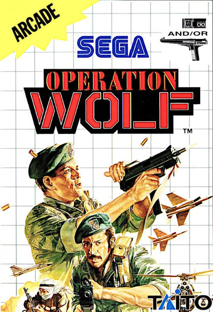 Operation Wolf Sega Master System SMS for arcade light gun shooting video game fans featuring military combat enemy soldiers hostage rescue missions fast paced shooting action battlefield environments challenging stages weapon targeting and classic Sega Master System gameplay collectible retro gaming appeal front cover art