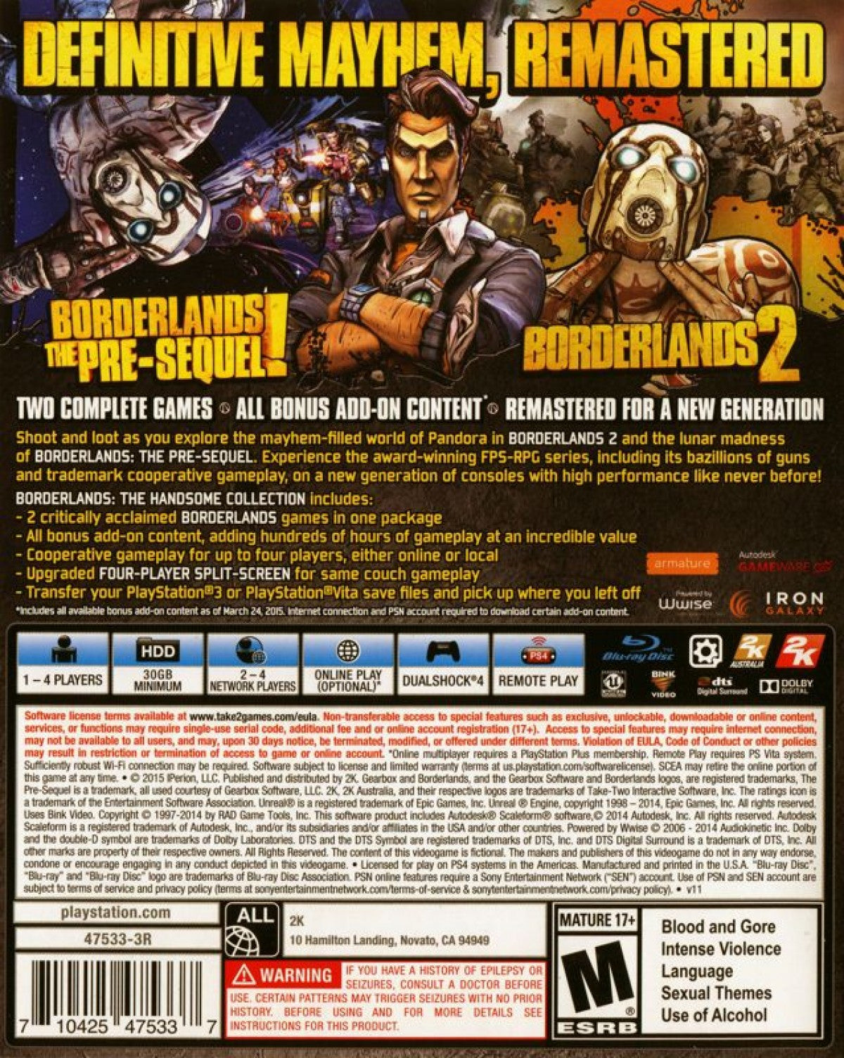 Borderlands The Handsome Collection PS4 game featuring cooperative looter-shooter gameplay, over-the-top humor, and remastered Borderlands adventures back cover art